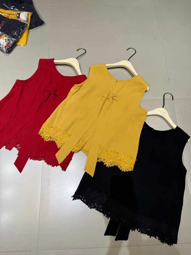 LANSE2025薄款圆领无袖麻料夏季小衫高级感后背蝴蝶结飘带设计