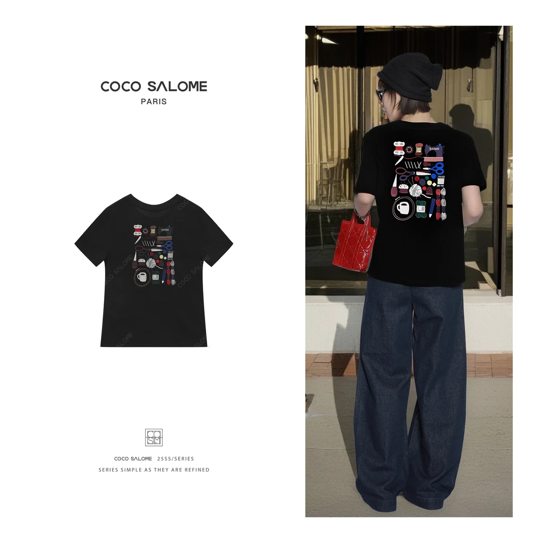 韩彬彬CS"剪刀T"100棉复古剪刀刺绣知性风穿搭圆领短袖955J-(16)