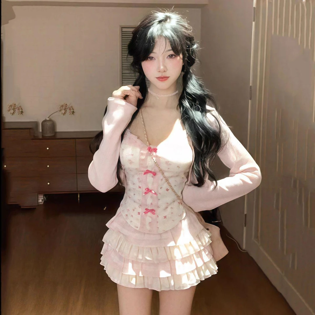 春夏新款纯欲甜美印花蕾丝开衫上衣半身裙吊带蛋糕套装三件套