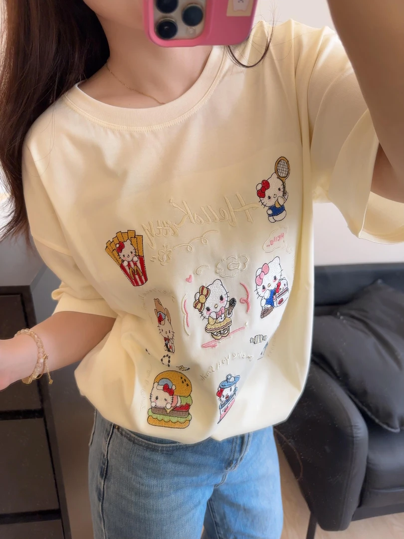 2025新款kitty猫设计感刺绣短袖t恤女夏季宽松oversize百搭上衣服