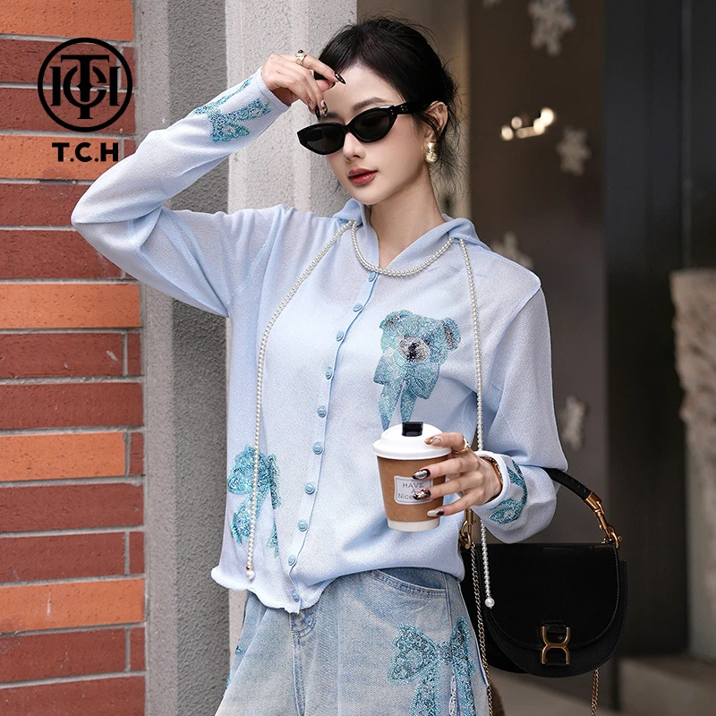 TCH现货私服烫钻蓝色小熊蝴蝶结休闲针织衫女T75A43E5005轻奢tch