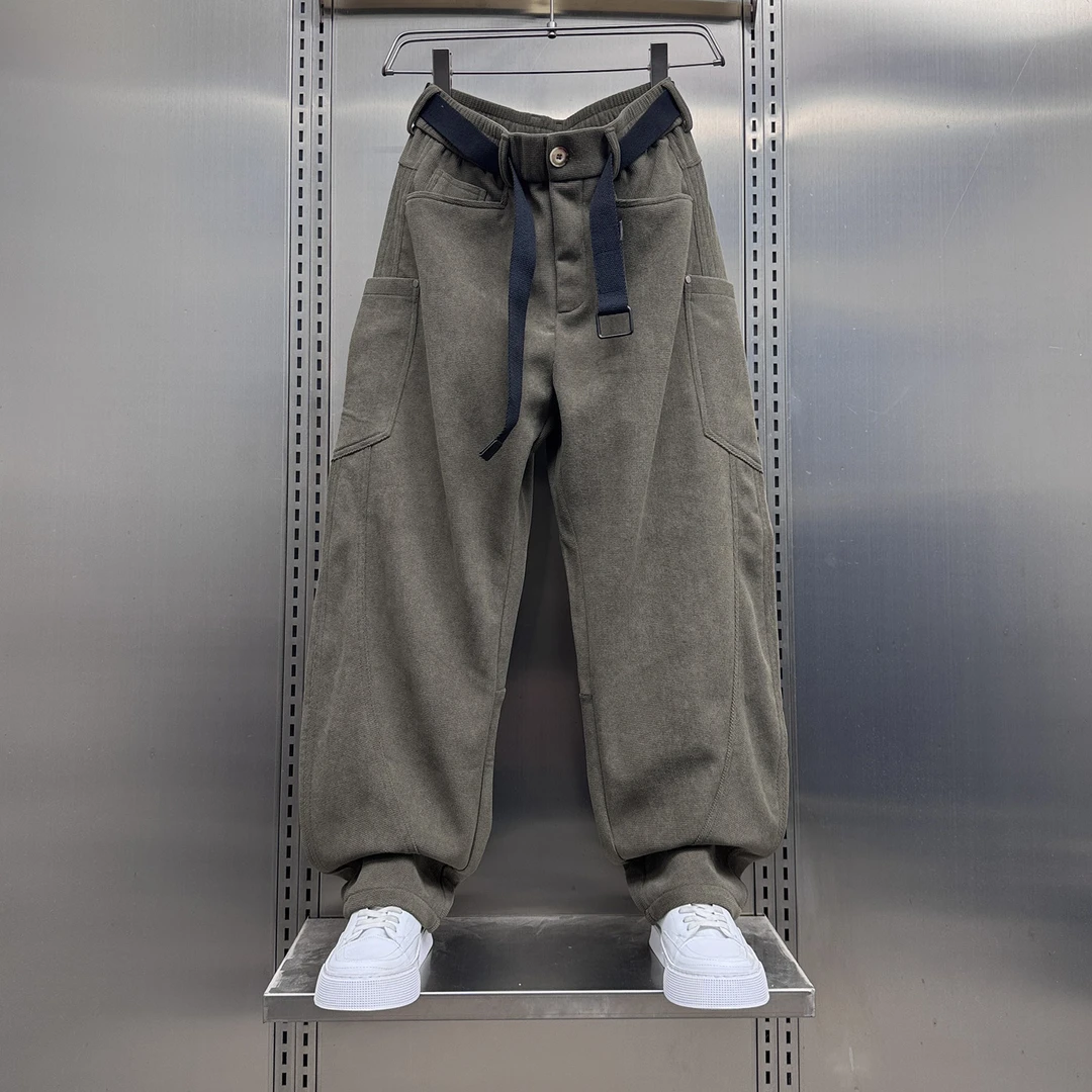 加绒潮牌个性腰带设计拼接休闲裤男士2025秋冬新款条绒直筒弯刀裤