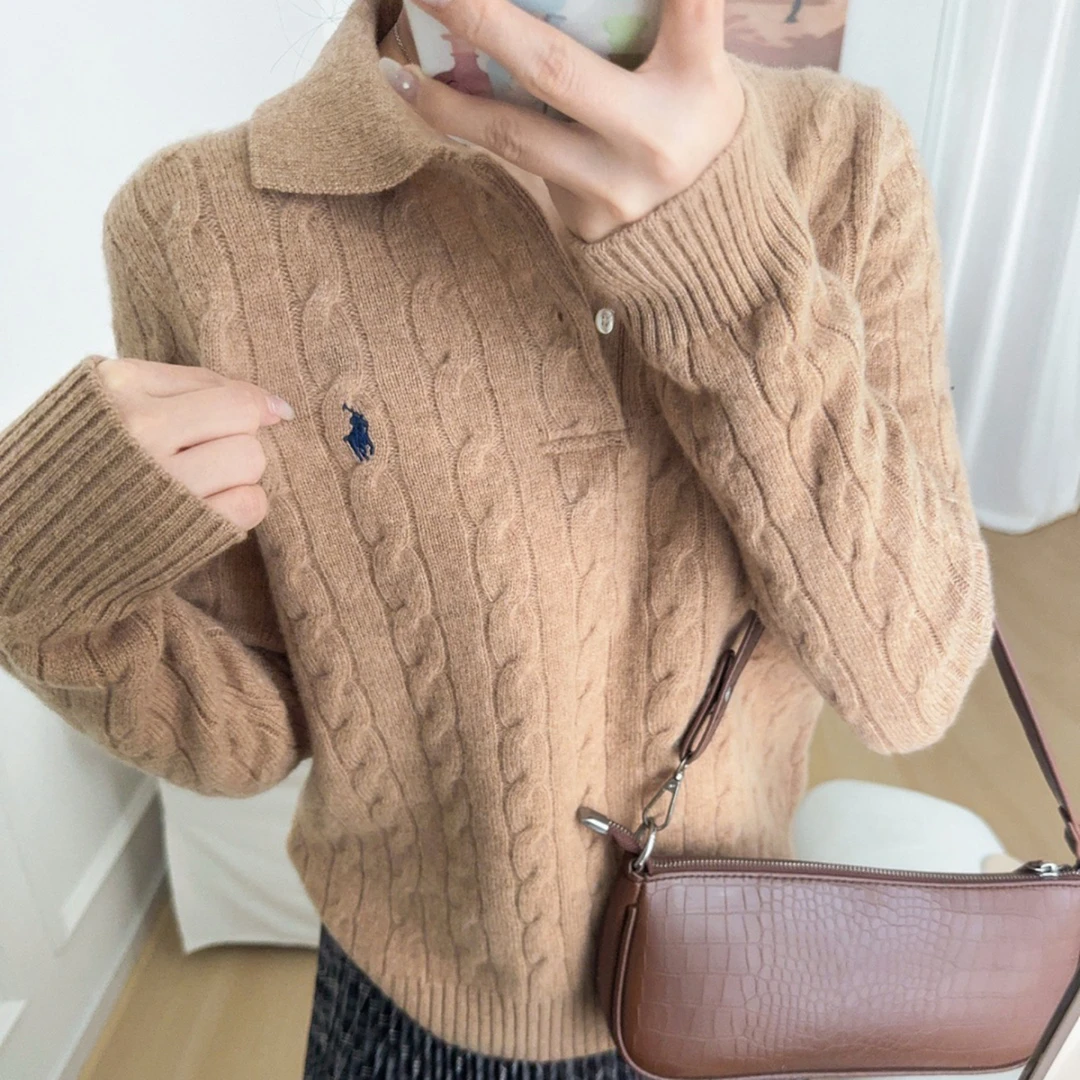 奢加80%羊毛20%山羊绒绞花编织Polo针织衫长袖翻领羊毛毛衣宽松女