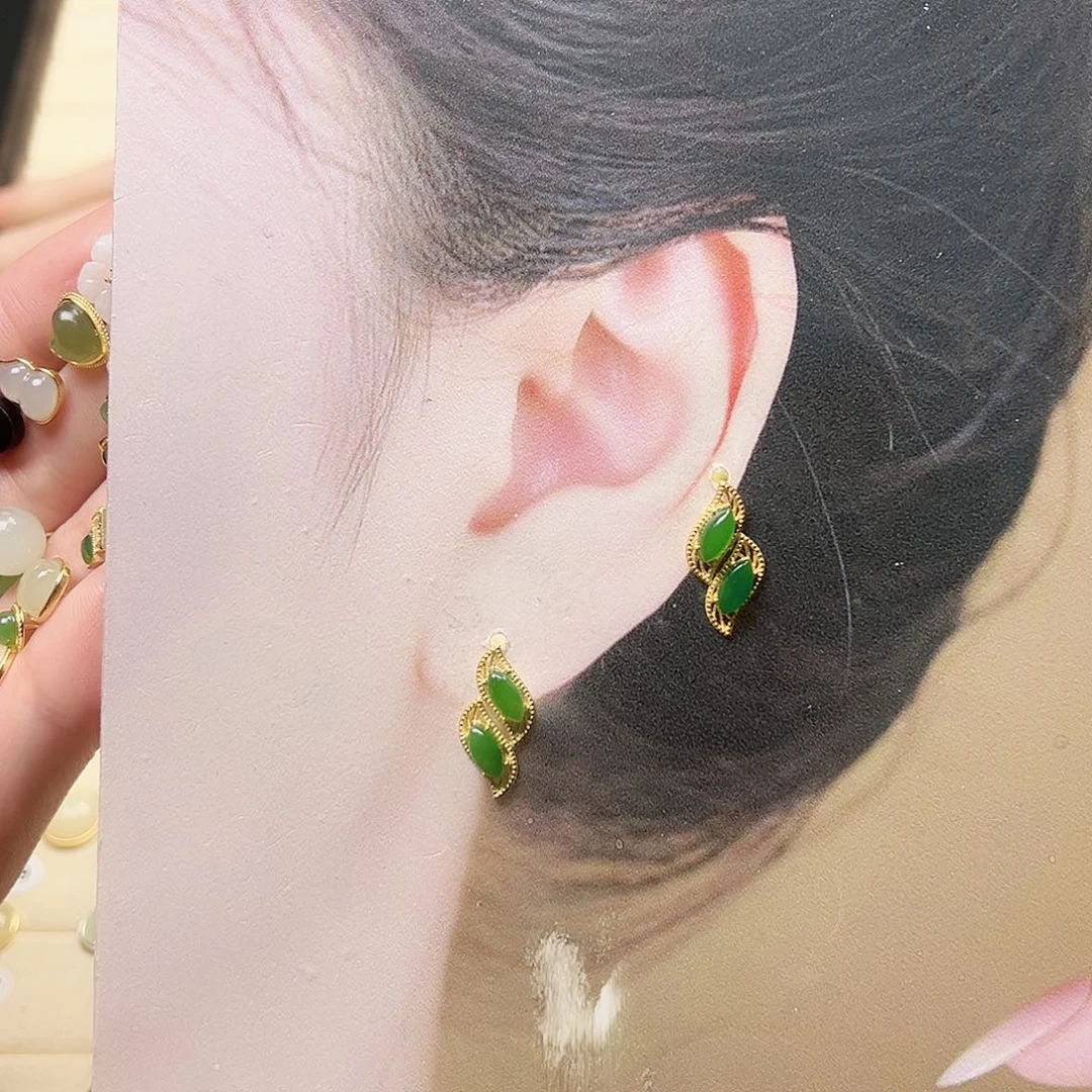 和田玉银S925镶嵌耳饰