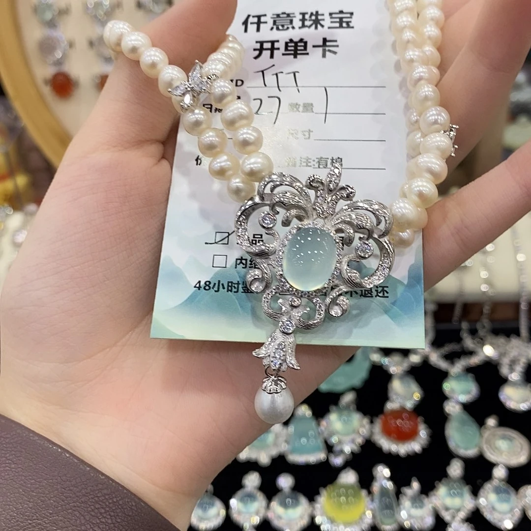 T***.蛇纹石玉银S925镶嵌颈饰