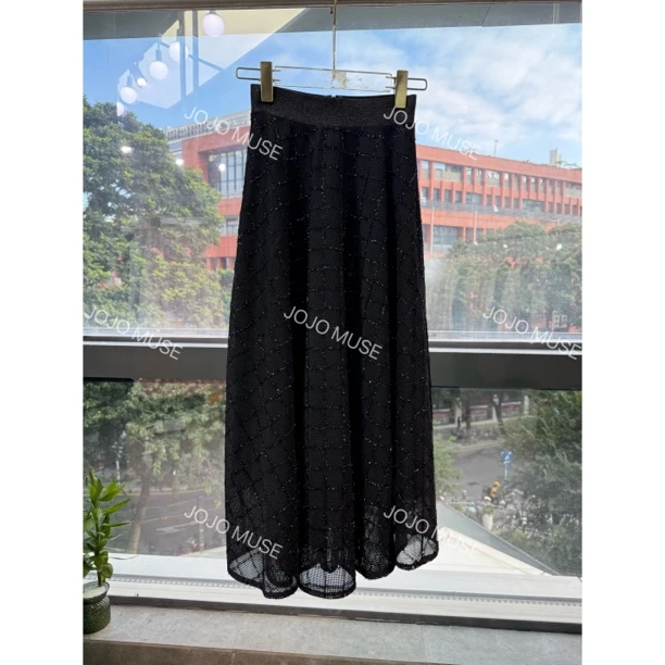 JOJO MUSE【编织时光】黑色菱格半身裙