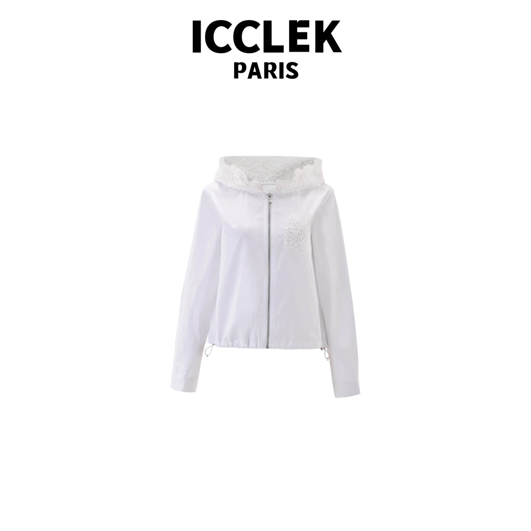 ICCLE 白色连帽镂空拉链长袖薄外套-5197