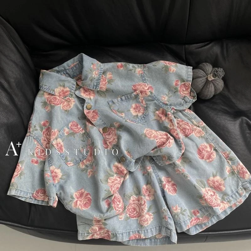 男女童复古印花牛仔套装夏季洋气男女孩时髦休闲短袖牛仔衬衫套装