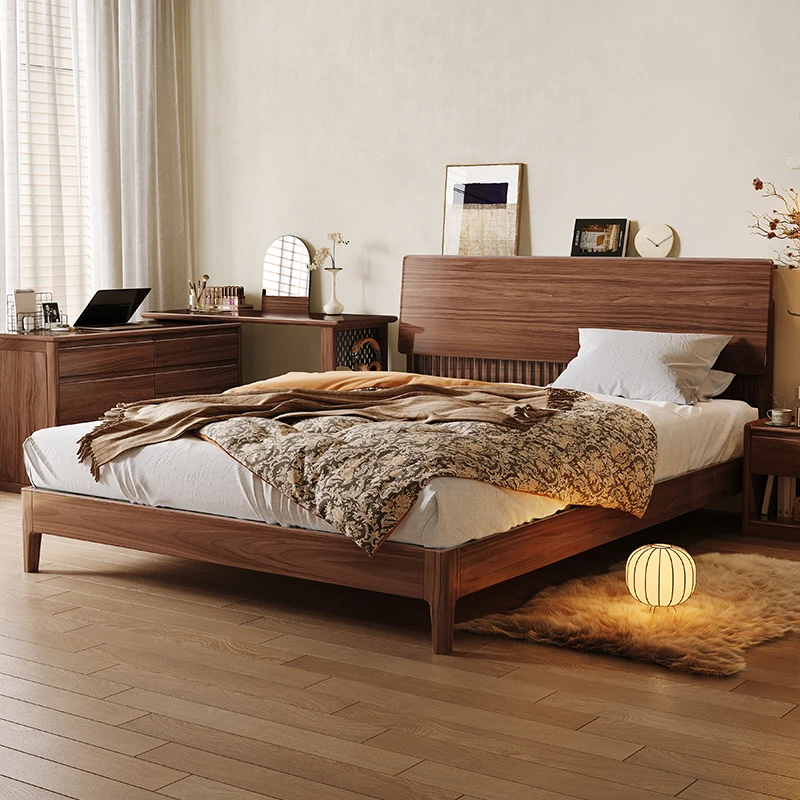 黑胡桃木实木双人床新中式1.5米现代简约床卧室1.8米婚床DH231203