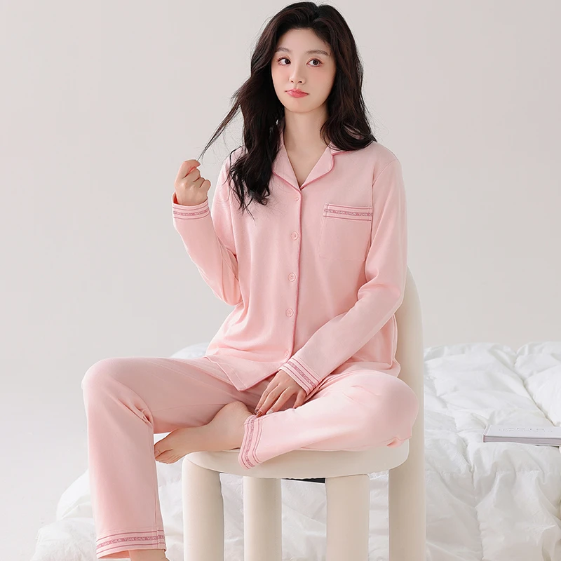 睡衣女款爆款2025新款春秋季纯棉长袖开衫简约休闲全棉女士家居服