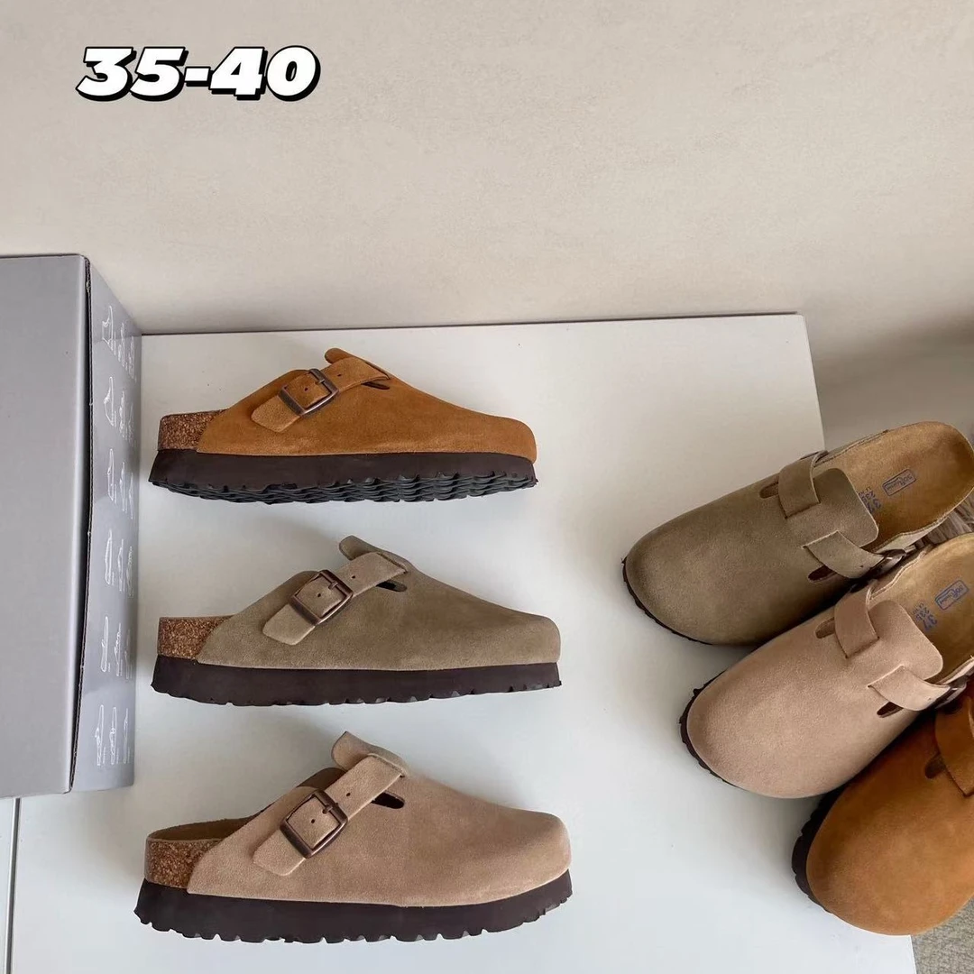 河南桑坡村网红勃肯半包拖金属扣子软木厚底复古拖一脚蹬休闲单鞋