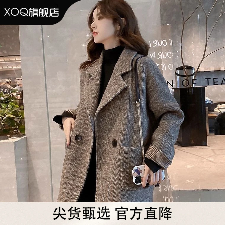 XOQ官方韩版英伦风休闲西装外套秋冬胖mm宽松显瘦外搭毛呢小西服