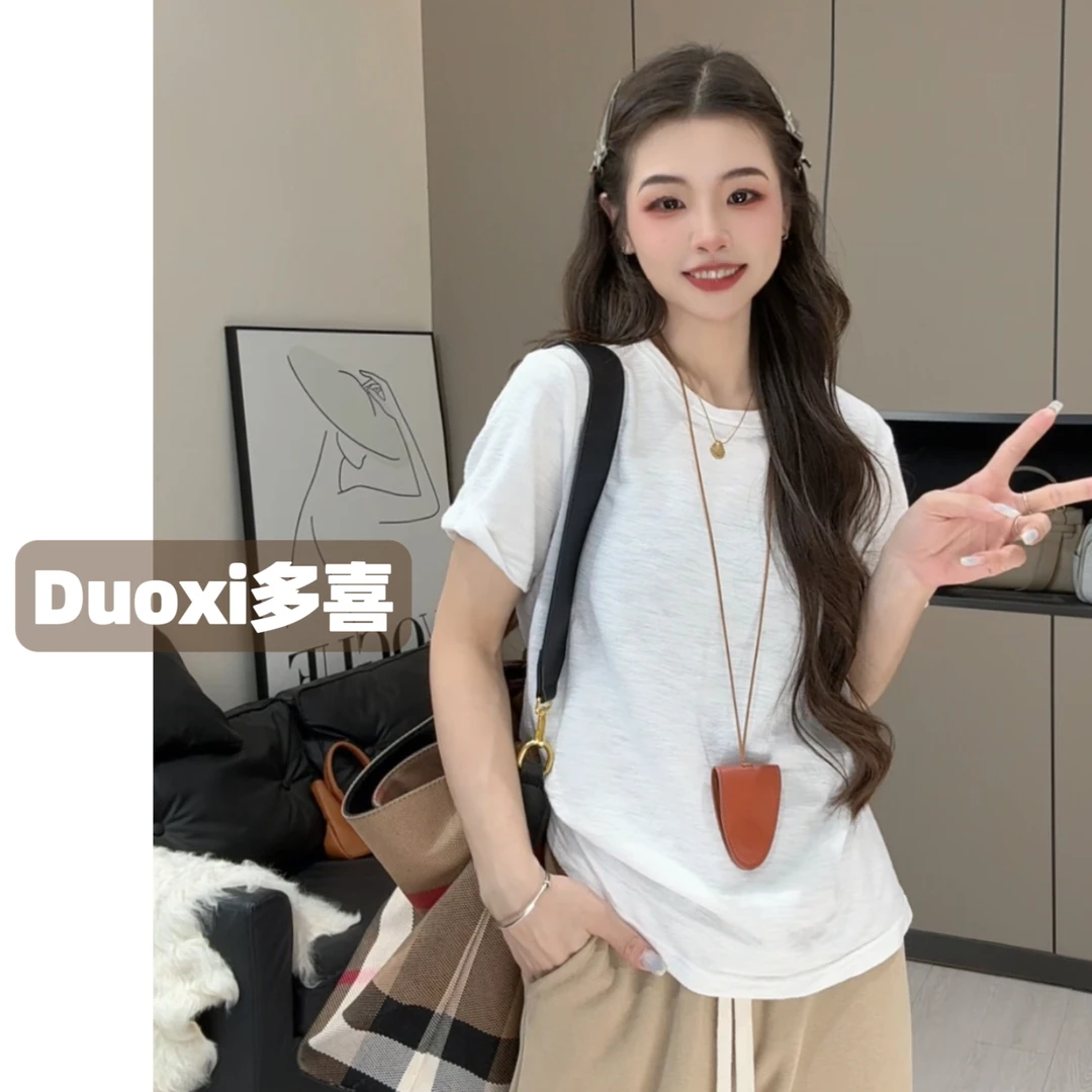 【Duoxi】休闲百搭春夏设计短袖T恤圆领打底棉T