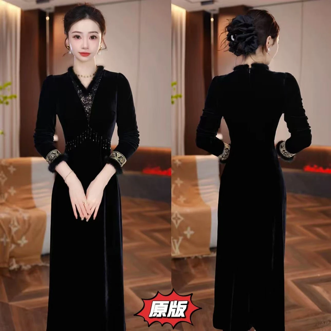 【金袖织锦】真毛领丝绒裙2025秋冬新款收腰显瘦轻奢女人味连衣裙