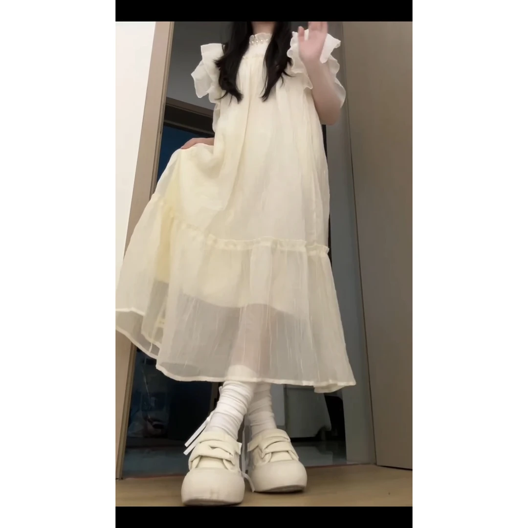 韩国chic法式甜美小飞袖仙女钉珠荷叶边宽松温柔度假风连衣裙夏季