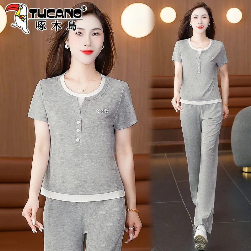 啄木鸟冰丝运动套装女2025新款夏季薄款假两件上衣时髦洋气两件套