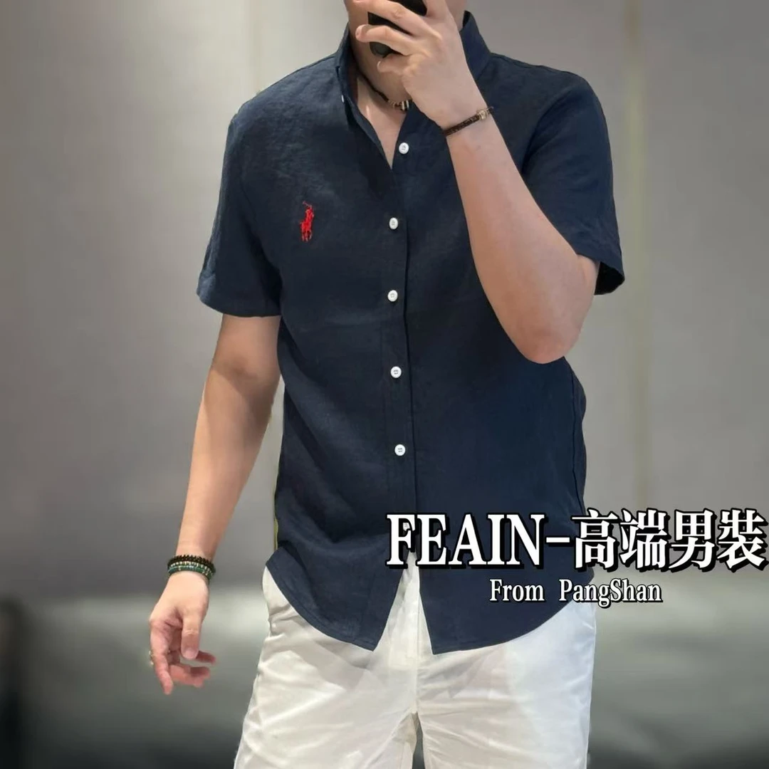 【100%亚麻】拉*夫同款绿洲亚麻系列男士固定领扣设计短袖衬衫0860
