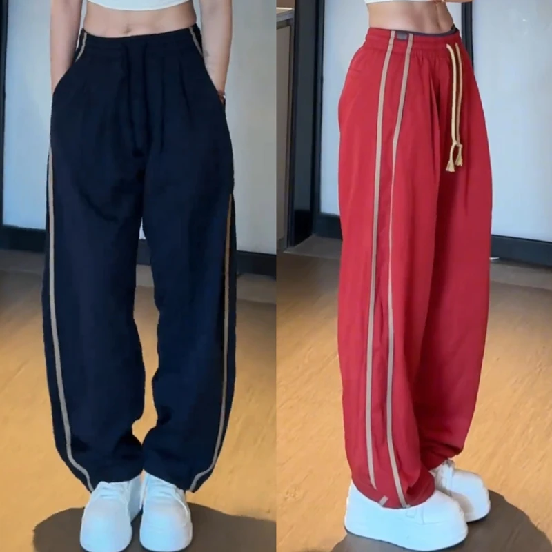 夏季潮流条纹拼接休闲裤男时尚宽松百搭透气直筒哈伦裤运动阔腿裤