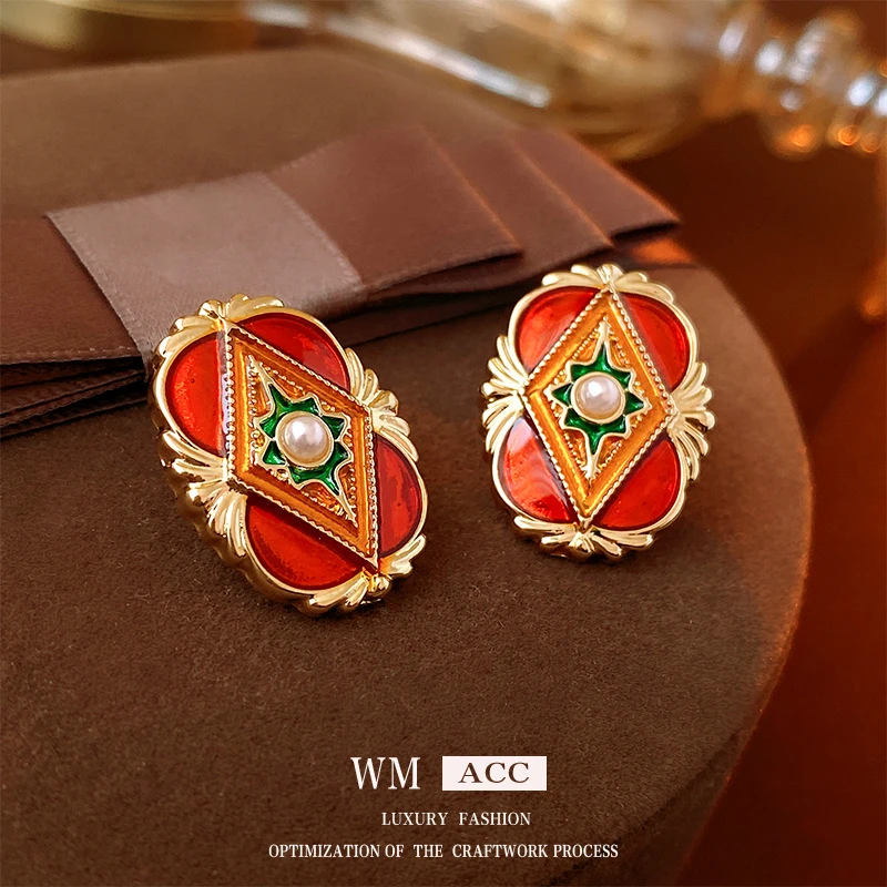 合金无非金属耳饰 中古vintage耳环 银针彩色滴油花纹珍珠耳钉复