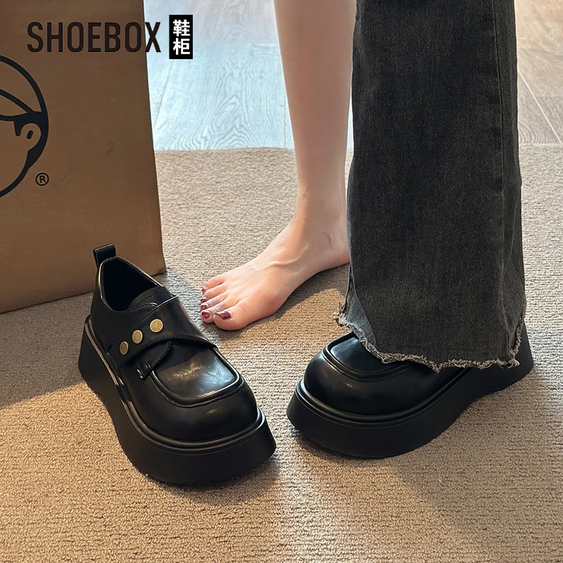 SHOEBOX鞋柜英伦风黑色厚底小皮鞋女2025新款复古百搭乐福单鞋