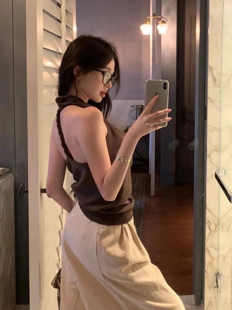 法式扭绳荡领挂脖小吊带背心女夏外穿高级感设计气质露背无袖上衣