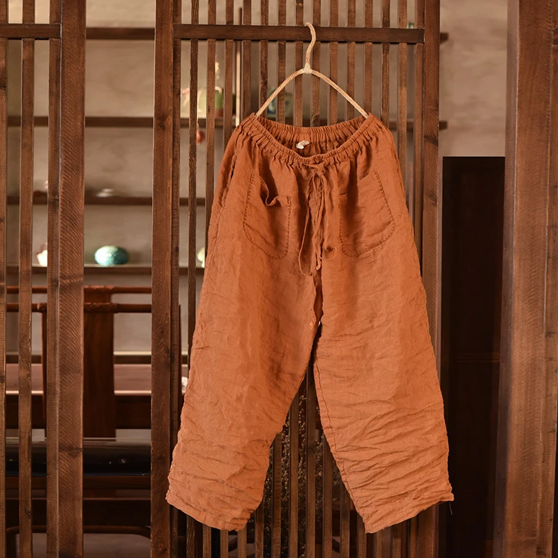 原创砂洗亚麻休闲阔腿萝卜裤原创文艺女士休闲裤长裤高腰裤子宽大