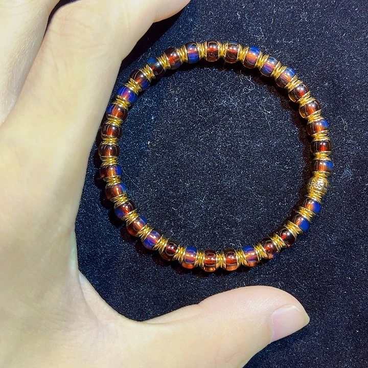 银S925镀金镶嵌蓝珀珠宝奇石6mm