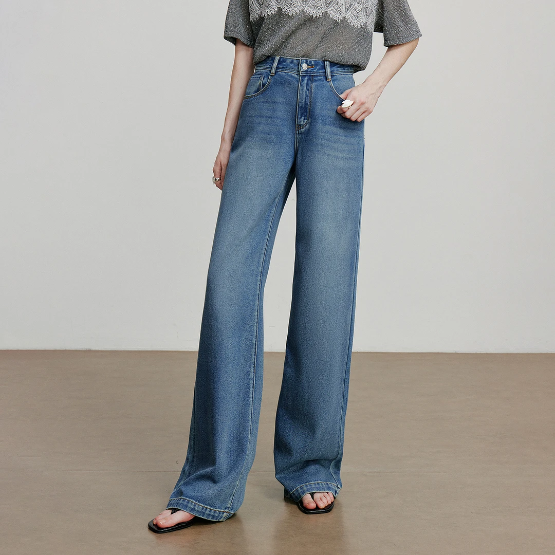 【焦点牛仔】初语25新款窄版直筒黑标莱卡弹力中腰女裤8538043