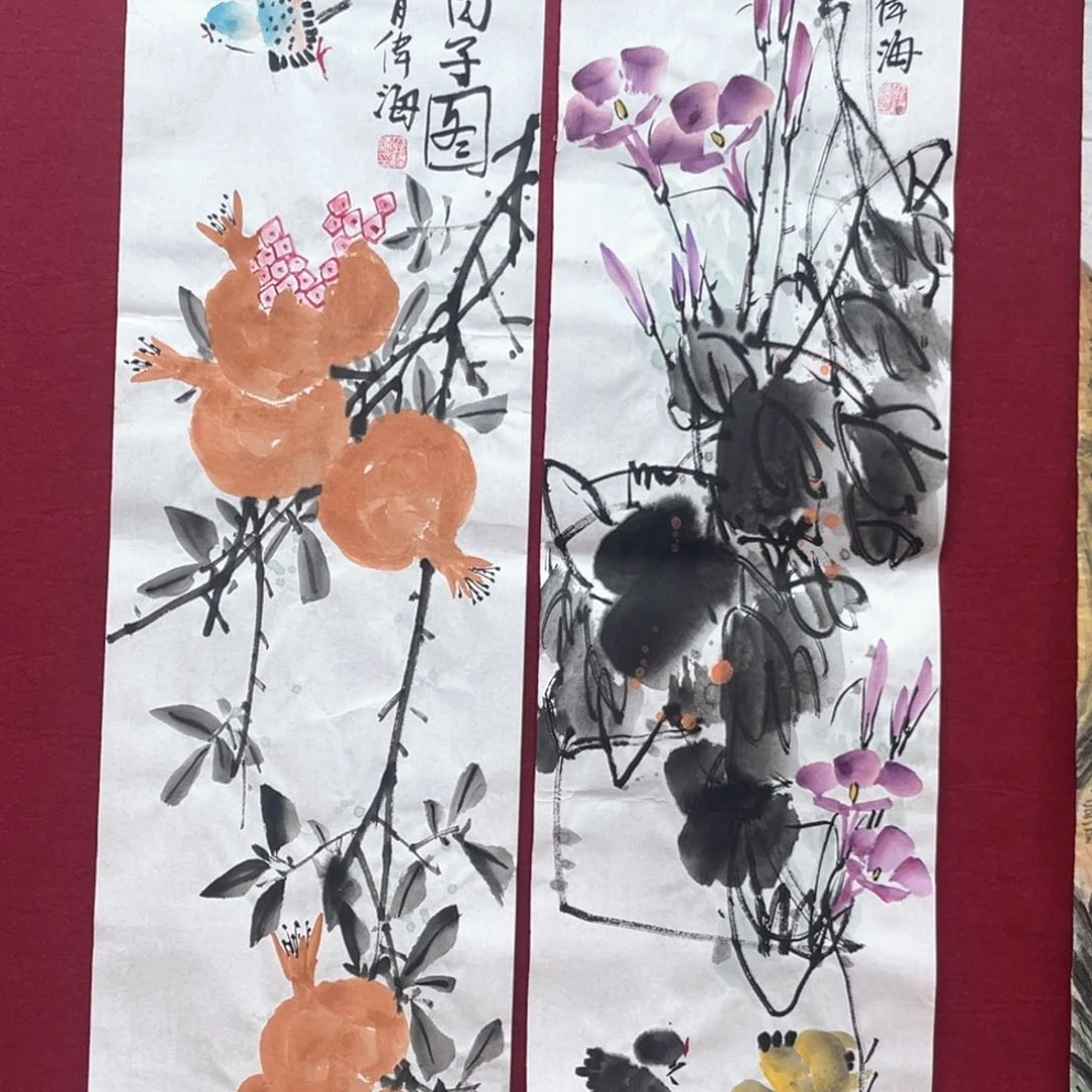 骑***行国画盛伟海老师三尺对开花鸟作品赵
