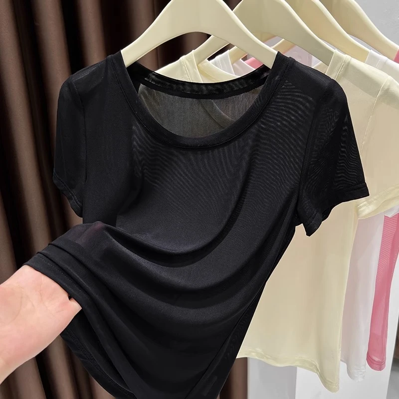 大圆领短袖透视网纱黑色蕾丝衫秋季新款正肩修身薄纱上衣薄款内搭