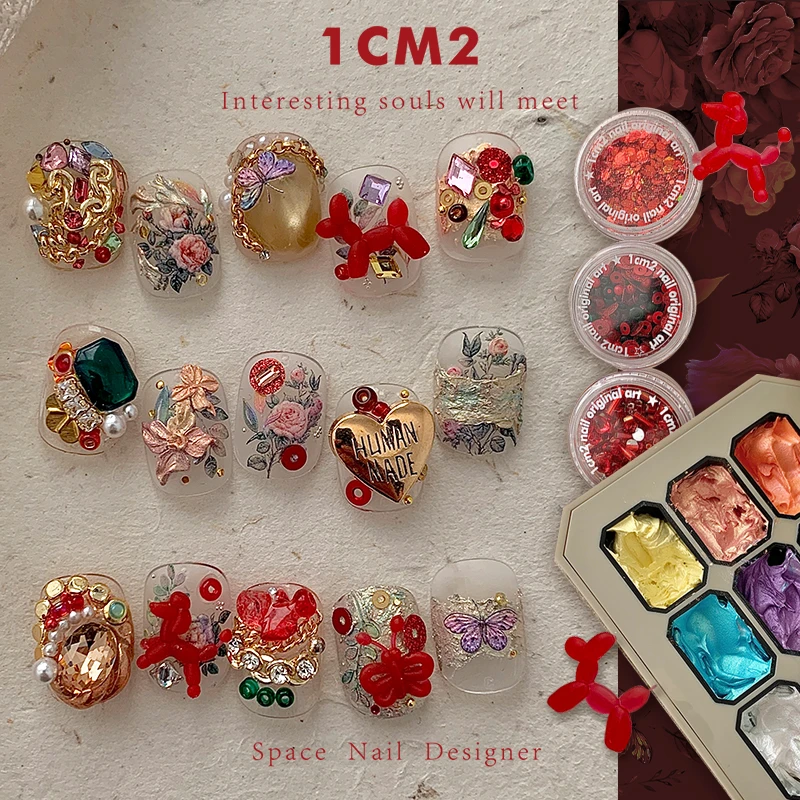 1CM2原创美甲 新年红可爱指甲 艺术浮雕氛围钻混合饰品材料