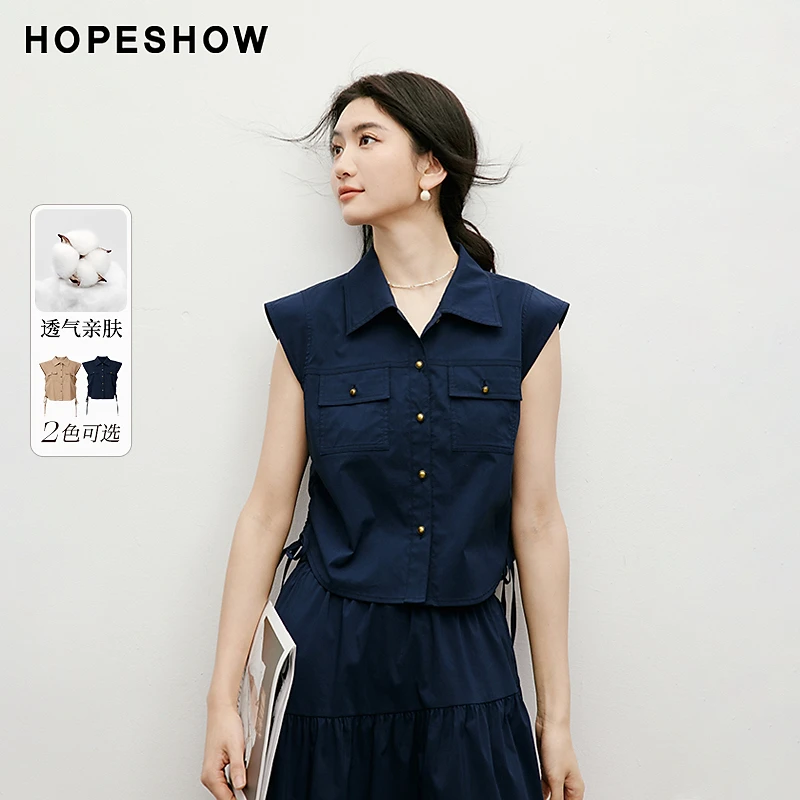 红袖2025夏季女装 工装抽褶单排扣略宽肩无袖翻领衬衫90225120301