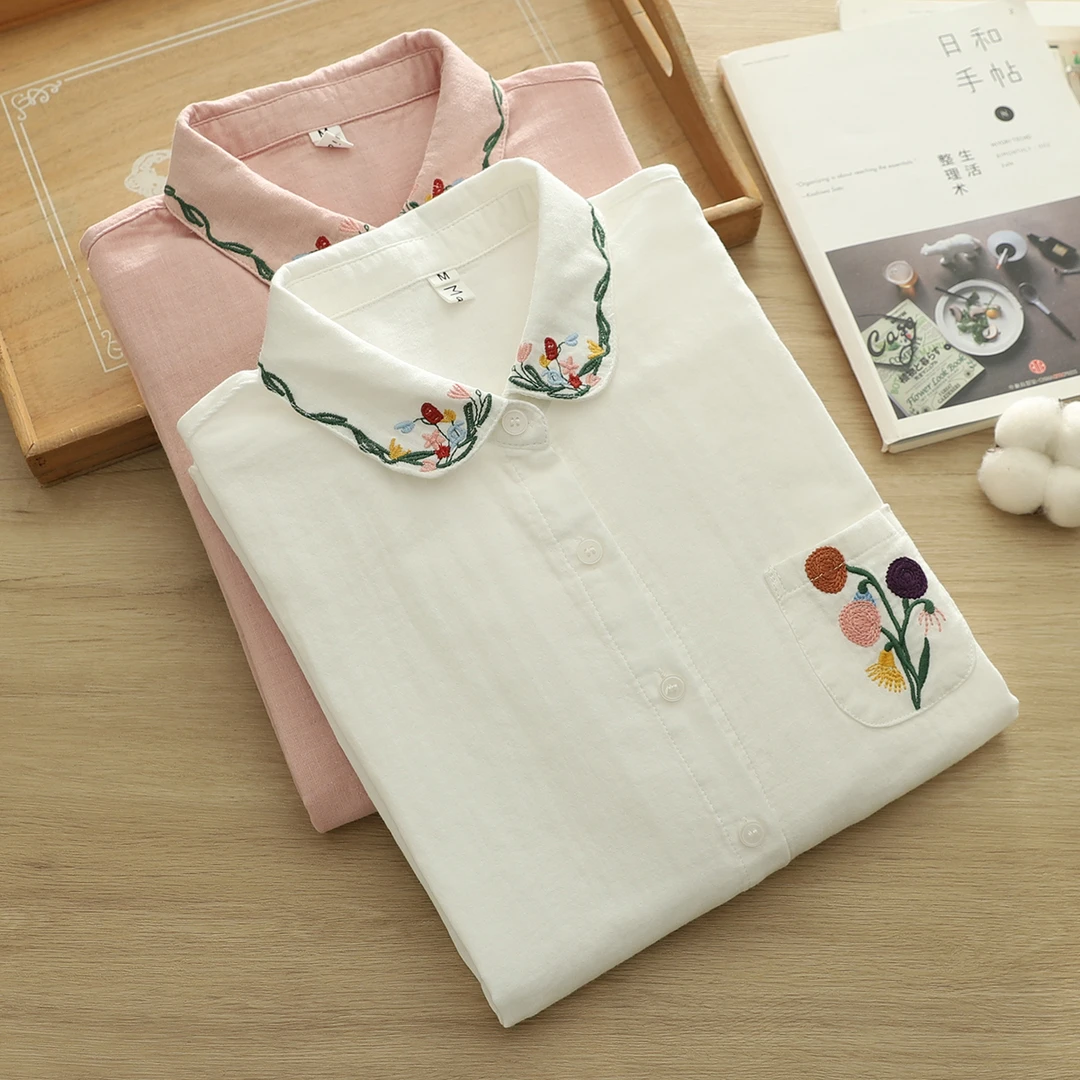 文艺复古刺绣娃娃领长袖衬衫百搭小众休闲衬衣纯棉双层棉纱上衣