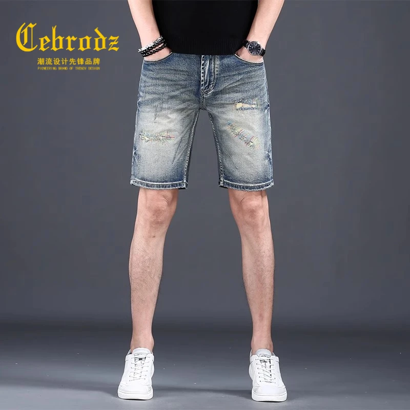 Cebrodz香港高端牛仔短裤男五分裤复古水洗做旧修身2025新款弹力