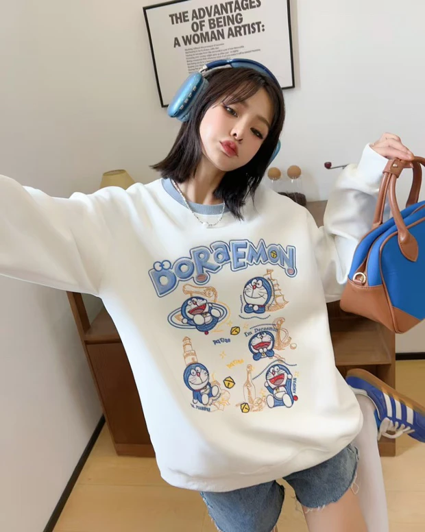 【红姐大码】1115叮当猫撞色卫衣女设计感重工刺绣oversize洋气减龄