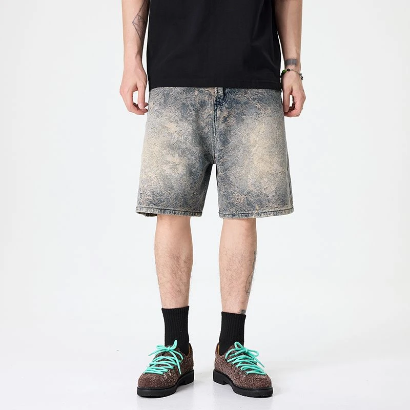 五分裤夏季薄款中裤牛仔短裤男潮牌宽松休闲复古做旧美式痞帅提花