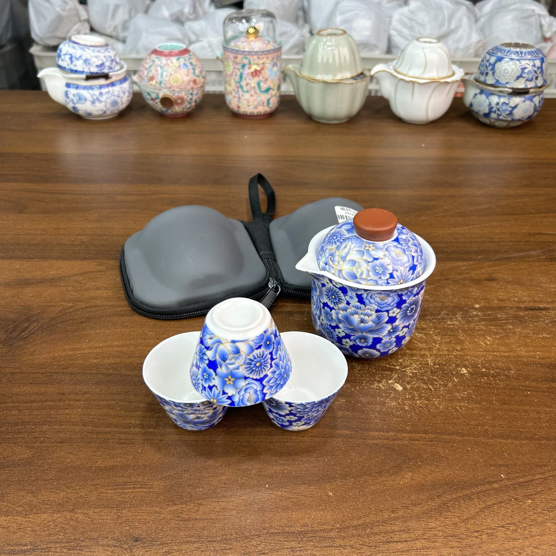 YS372-蓝花一壶三杯旅行茶具
