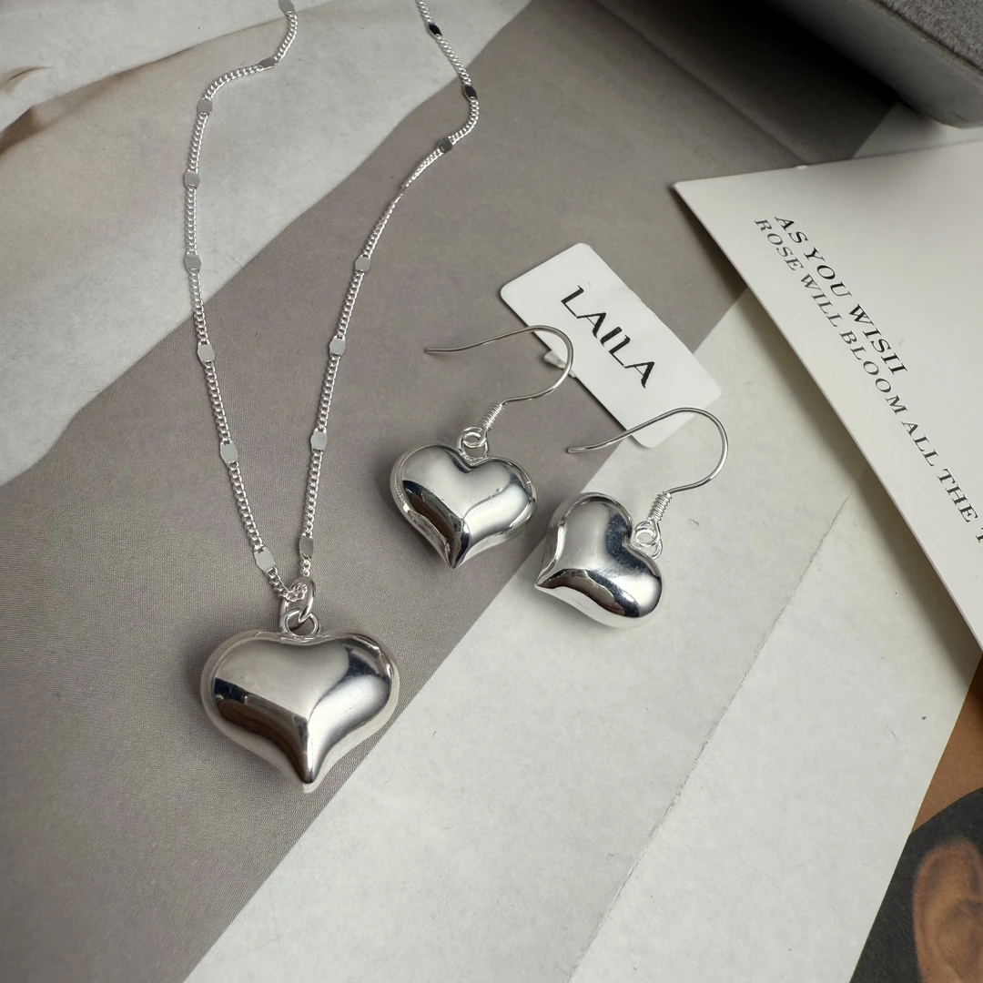 足银耳饰 纯银光面桃心两件套