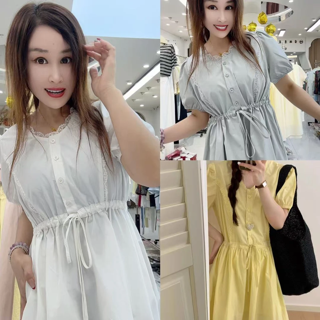 6659 法式泡泡袖V领收腰显瘦连衣裙 z D-9-3中 裙长≈110cm