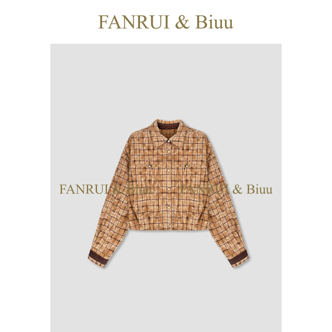 FANRUI/泛芮「贝贝biuu」100棉格纹拉毛破洞风时髦高级感外套B18173