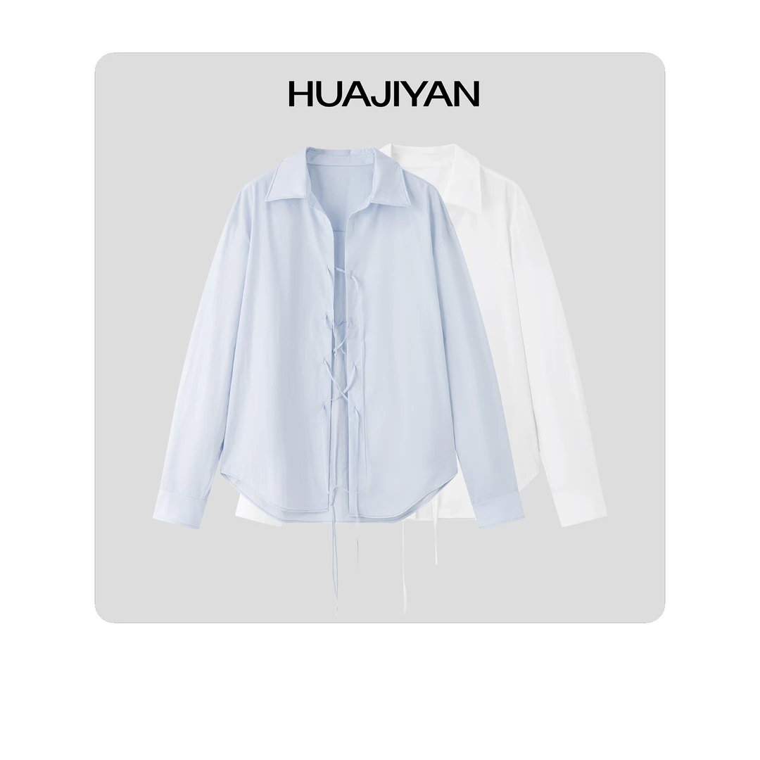 华吉言/HUAJIYAN【绑带衬衫】莫代尔棉混纺扭扭领口飘带系绳衬衫