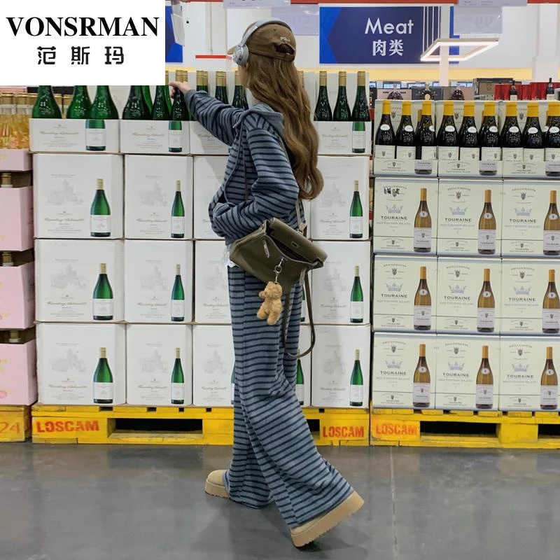 韩系慵懒条纹卫衣休闲运动套装女2025春新款蕾丝拼接阔腿裤两件套