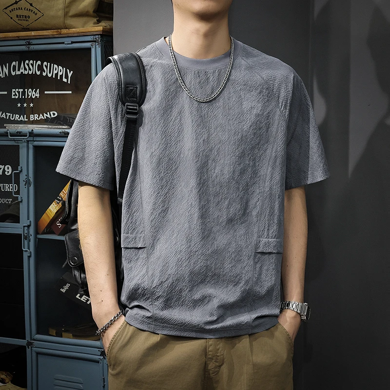 aoyu/遨宇夏季新款高端肌理感短袖t恤男休闲透气宽松百搭痞帅体恤