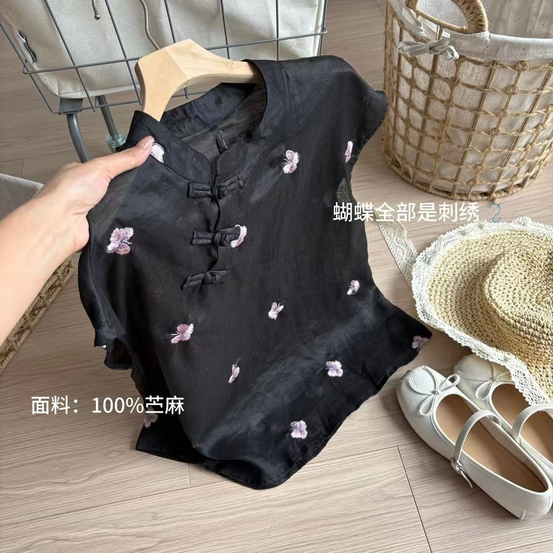 小柒家A00273-“紫蝴蝶”新中式夏季复古新款国风提花盘扣短袖衬衫