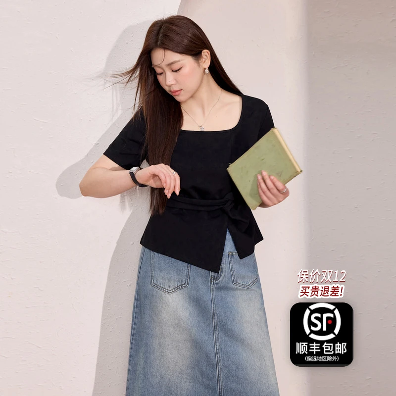 蓝语大码女装【防晒凉感】时尚掐腰显瘦T恤夏新款百搭短袖上衣11970