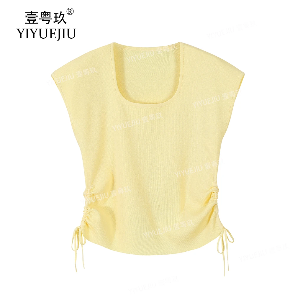 【现货】夏季miu系纯色针织衫女薄款方领显瘦收腰韩系上衣抽绳T恤