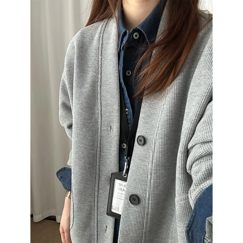 重磅华夫格开衫卫衣男秋季慵懒风松弛感V领外套cleanfit叠穿上衣