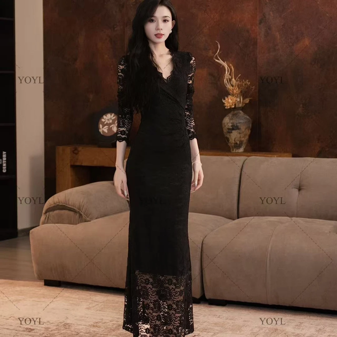 【yola】秋季新款法式气质高级显瘦蕾丝V领鱼尾连衣裙-YL11810