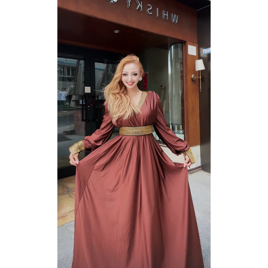 5890【包邮】新款V领重工米珠高级大摆时尚女装连衣裙