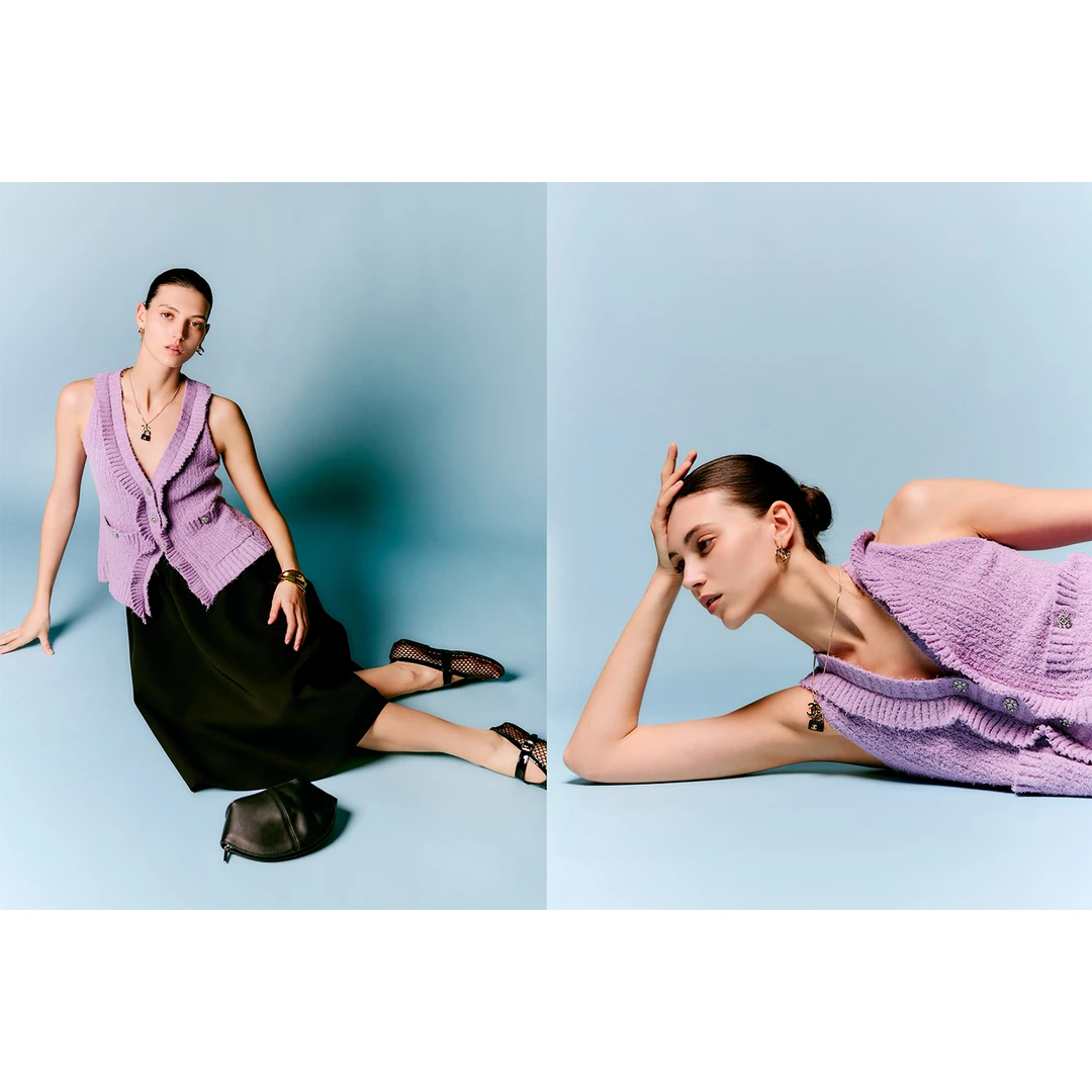 玖着“香语”天然干爽亚麻棉椰蓉肌理波浪边时髦气质香风针织马甲